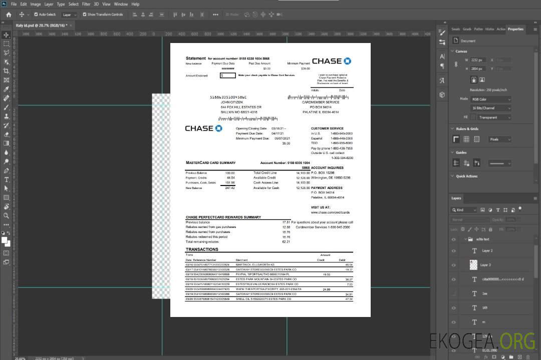Relevé de carte Mastercard de la banque Chase USA template